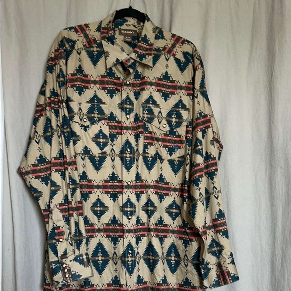 Ariat Men's Casual Button Down Shirt - Cream, Blue, Red